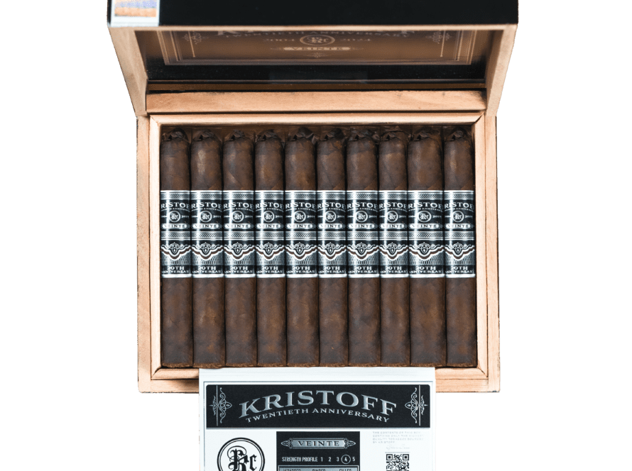 Kristoff Cigars: Kristoff Veinte celebrates 20 years of Kristoff Cigars, featuring creamy chocolate, spices, brown sugar, and a rich roast coffee finish.