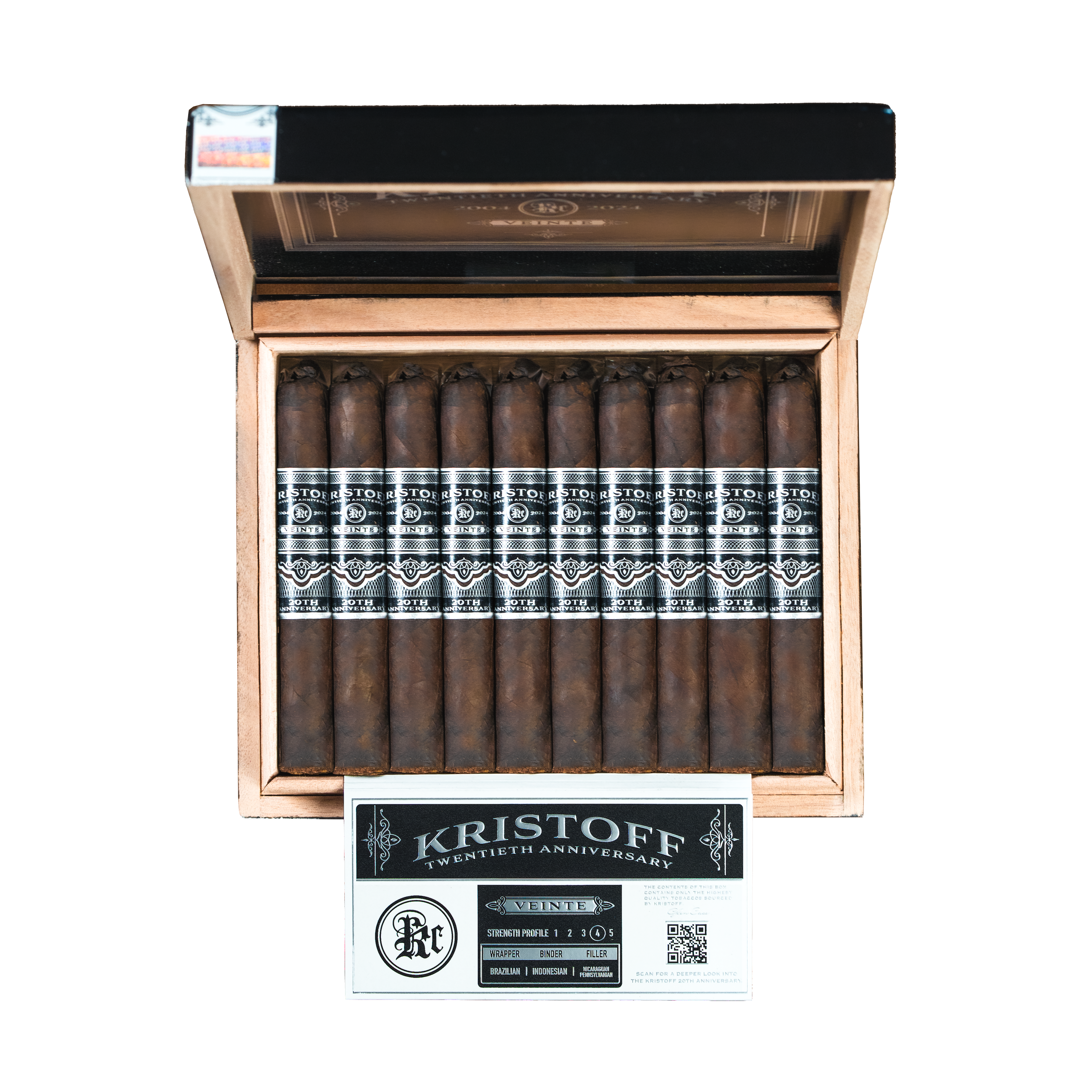 Kristoff Cigars: Kristoff Veinte celebrates 20 years of Kristoff Cigars, featuring creamy chocolate, spices, brown sugar, and a rich roast coffee finish.